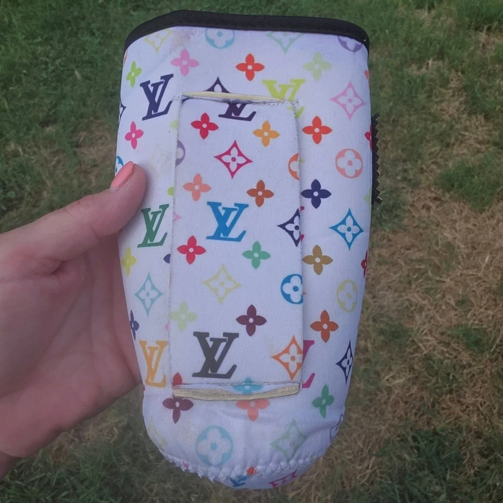 Custom Repurposed Designer Monogram Drink Insulator Sleeve Multicolor White
